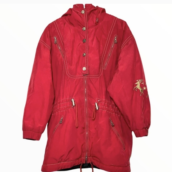 Bogner reindeer 80s vintage ski jacket long red Christmas holiday size small